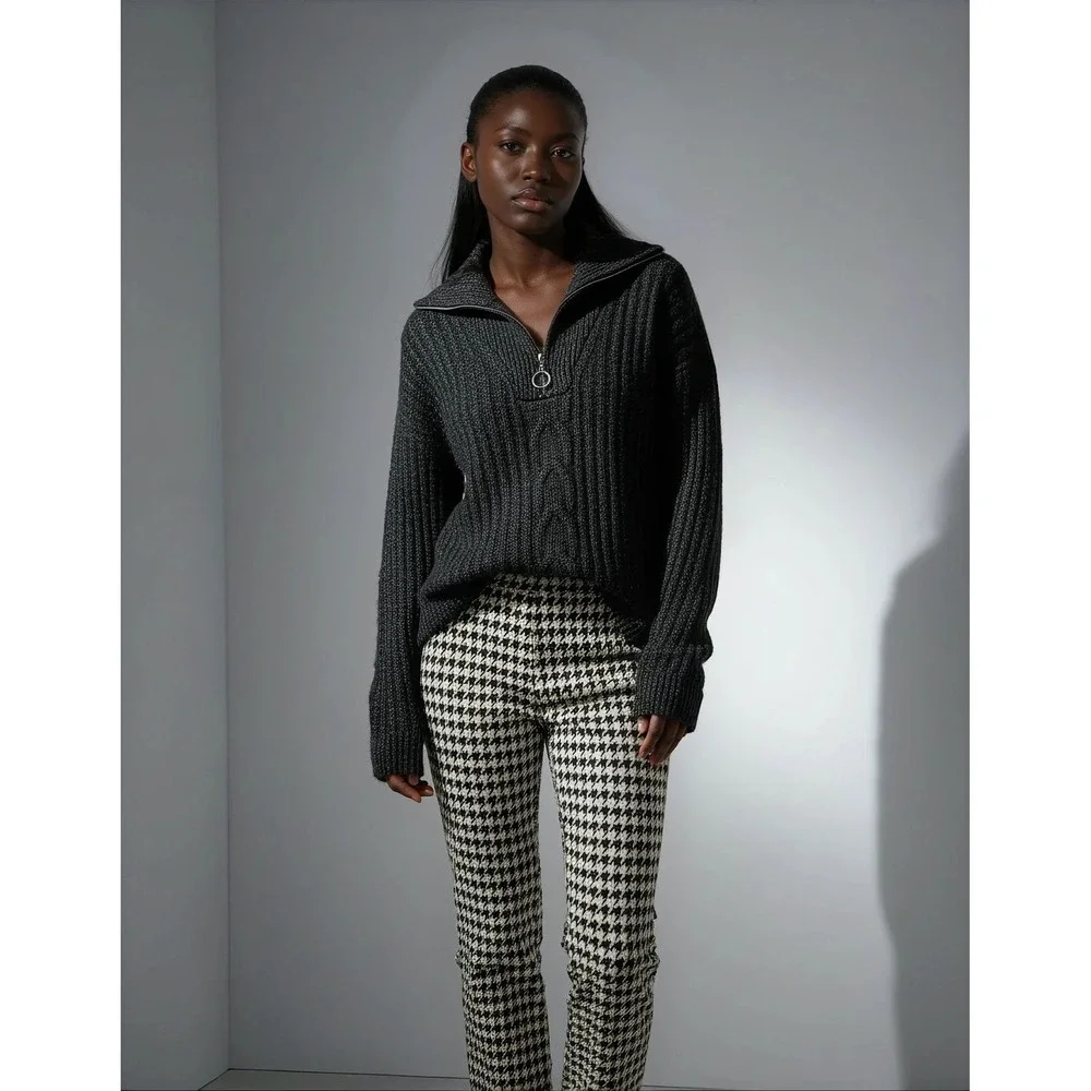Womens Chunky Ribbed Marled Quarter Zip‎ Sweater Large Black Rhinestone Ring